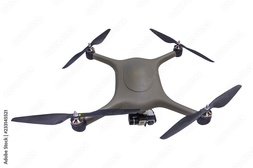 Drone with camera isolated on white background.
