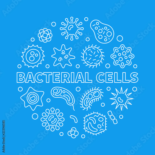 Bacterial cells round vector concept outline illustration made with microbes and viruses icons on blue background
