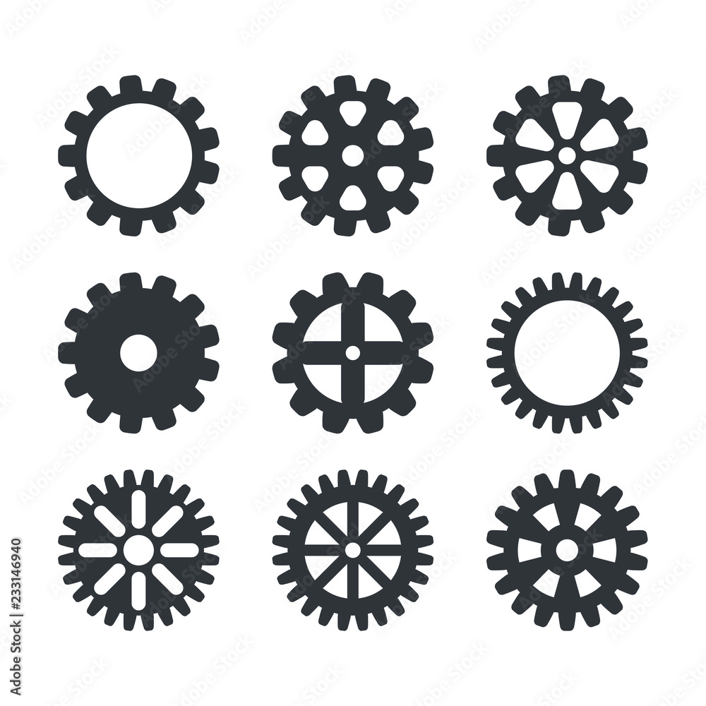 Gear icon set. Vector transmission cog wheels and gears isolated on white background