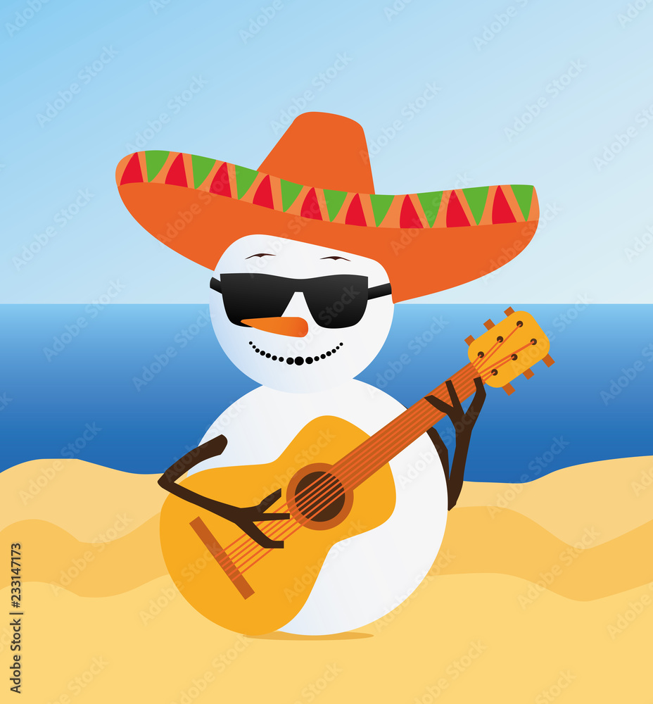 Snowman with a guitar on the beach. New Year's holiday. Vector illustration.