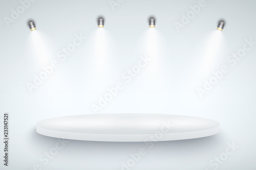 Light box with white presentation circle platform on light backdrop with four spotlights. Editable Background Vector illustration.