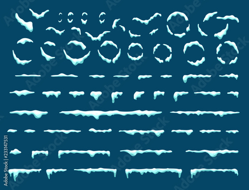 Big set of snow icicles and snow cap isolated. Cartoon snowy elements over winter background. Design template. Vector.