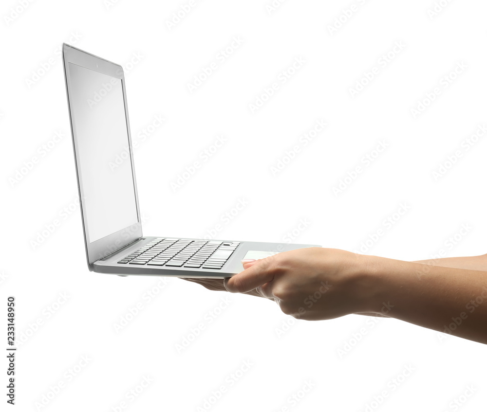 Female hands holding laptop on white background Female hands holding laptop on white background