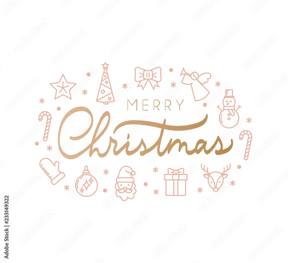 Naklejka premium Christmas greeting card design in trendy colors. Pink and gold vector illustration for invitation, poster, greeting card.