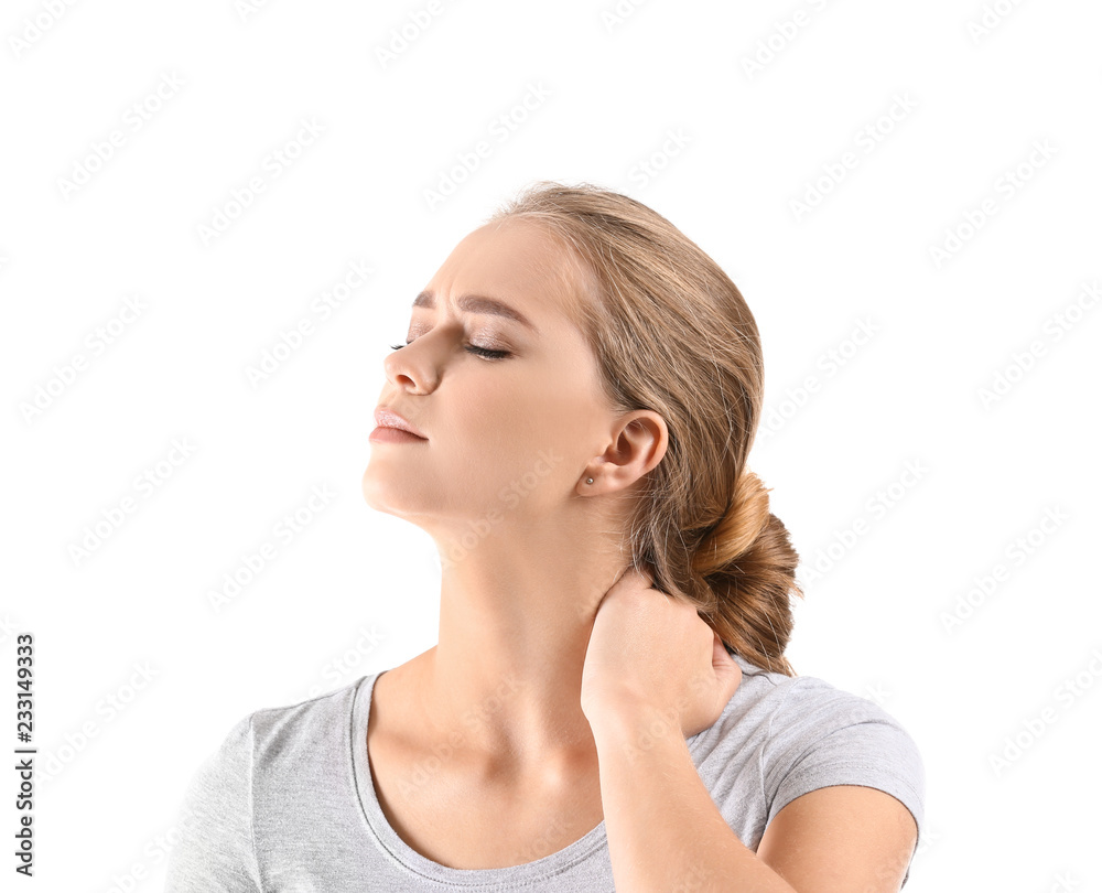 Young woman suffering from neck pain on white background Young woman suffering from neck pain on white background