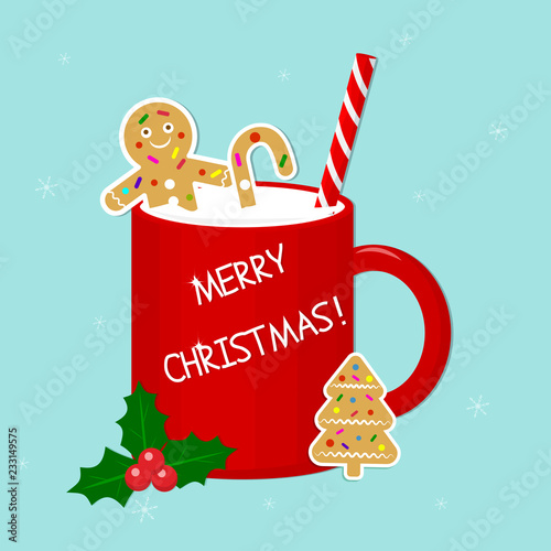 Red cup with milk, ginger biscuit, tubule and holly berries isolated on a snowflakes background. Happy Christmas. A treat for Santa Claus. Vector