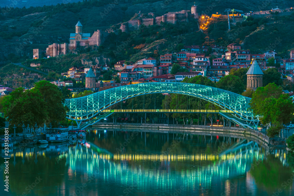 Fototapeta premium Panoramic view of Tbilisi, Georgia after sunset