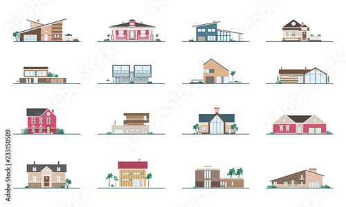 Collection of facades of different residential houses. Set of villas, mansions and cottages of modern and classic architecture. Bundle of suburban real estate. Vector illustration in flat style.