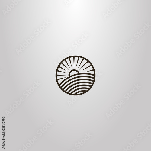 black and white simple vector line art round sign of sun rising over a field