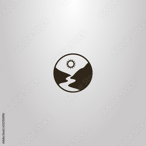 black and white simple vector round sign of a river or footpath between mountains