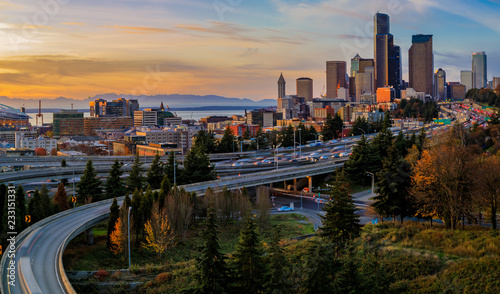Seattle downtown skyline sunset from Dr. Jose Rizal or 12th Avenue South Bridge