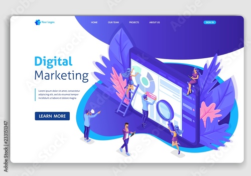 Landing page Isometric team of specialists working on digital marketing strategy landing page. Digital marketing. Easy to edit and customize