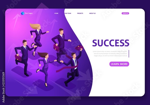 Landing page Isometric Business Success Concept. Entrepreneur business man leader. Businessman and his team. Website template design. Easy to edit and customize