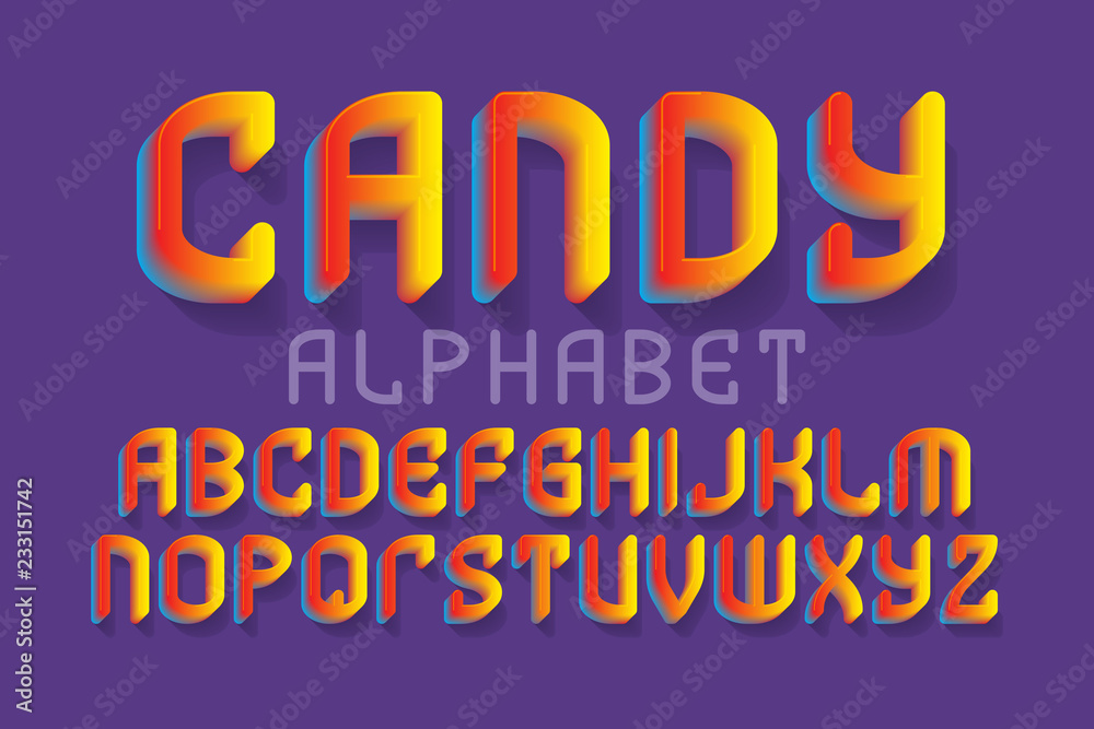 Candy alphabet. Yellow red gradient festive font. Isolated english alphabet.