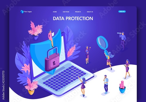 Website template design. Isometric concept Data protection. Web design landing page. Easy to edit and customize