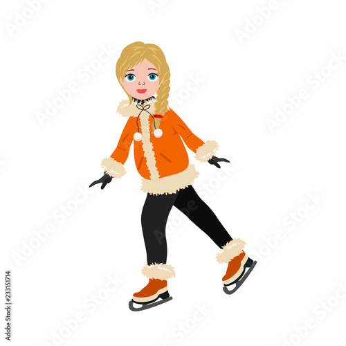 Cute girl in winter clothes and skating. Flat style of icons for presents, invitation, children room decor, interior design.