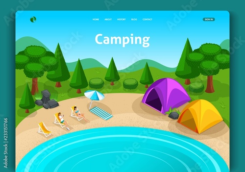 Website template design. Isometric concept Adventures, travel and eco tourism concept. Touristic camp tent. Easy to edit and customize