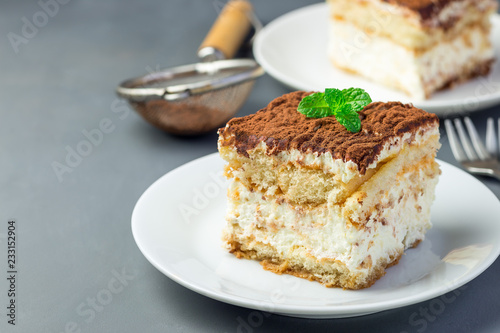 Two piece of traditional italian Tiramisu dessert cake on a white plate, decorated with cocoa powder and mint, on gray background, horizontal, copy space