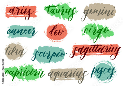 Vector set of Zodiac Signs, collection of 12 astrology with handwritten text for predicting horoscope on white background, original hand written brush typeface for twelve.