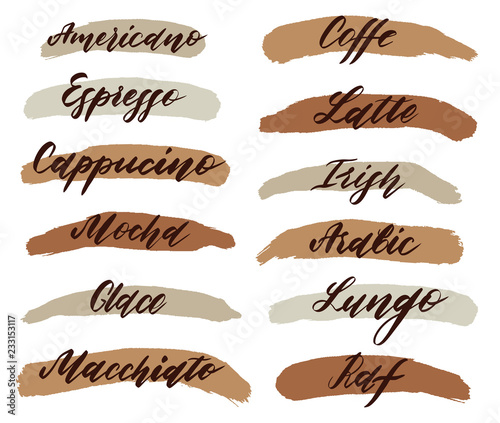 Coffee to go. Coffe types and recipe.Lettering types coffe drinks. Isolated line icons. Handwritten cafe menu.