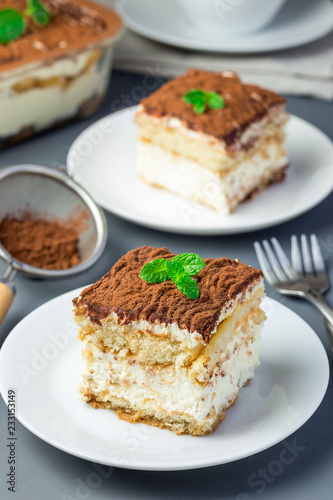 Two piece of traditional italian Tiramisu dessert cake on a white plate, decorated with cocoa powder and mint, on a gray background, vertical