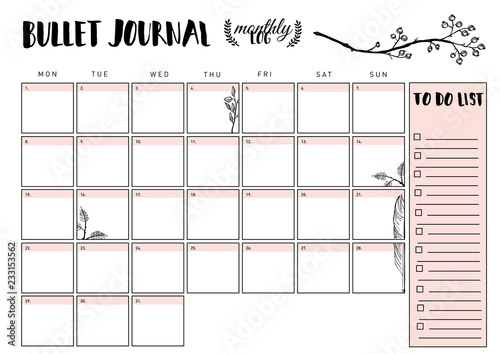 bullet journal year monthly planner. Vector illustration with handdrawing illustration.