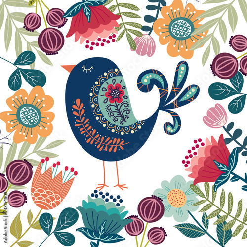 Art vector colorful illustration with beautiful abstract folk bird and flowers. photo