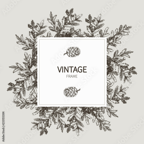 Christmas sketch hand drawn illustration with square frame and wreath of pine tree branches and cones. Vector eps8 illustration for your design.