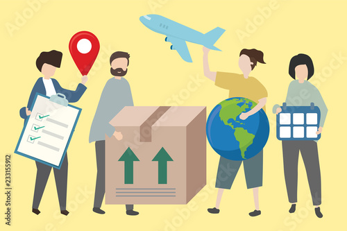 People showing methods of worldwide shipping with various symbols illustration