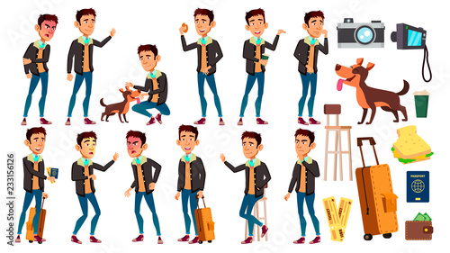 Asian Teen Boy Poses Set Vector. Active, Expression. For Presentation, Print, Invitation Design. Isolated Cartoon Illustration