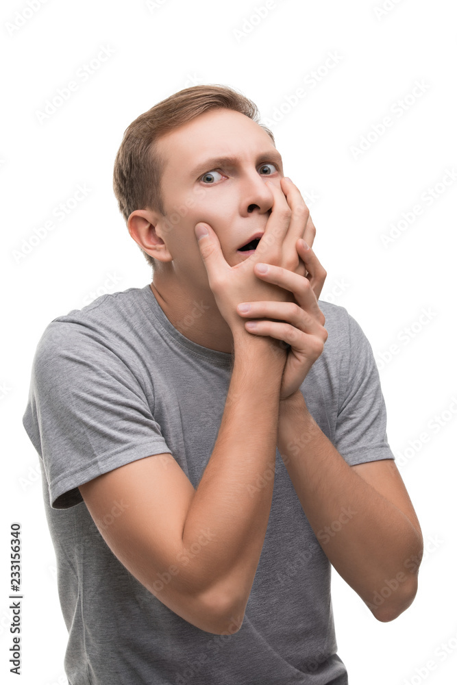 Scared man gesticulating emotionally portrait Scared man gesticulating emotionally portrait