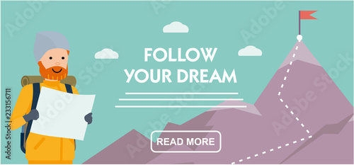 Hiker with a backpack standing near of the mountain holding a map. Man with map exploring wilderness on trekking adventure. follow your dream. Flat cartoon illustration vector set.