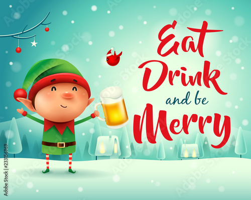 Merry Christmas! Little elf with beer in Christmas snow scene winter landscape.