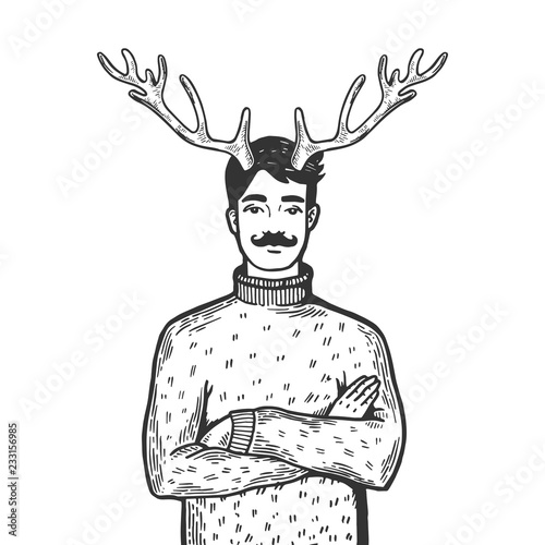 Husband with deer horns on his head engraving vector illustration. Scratch board style imitation. Black and white hand drawn image.