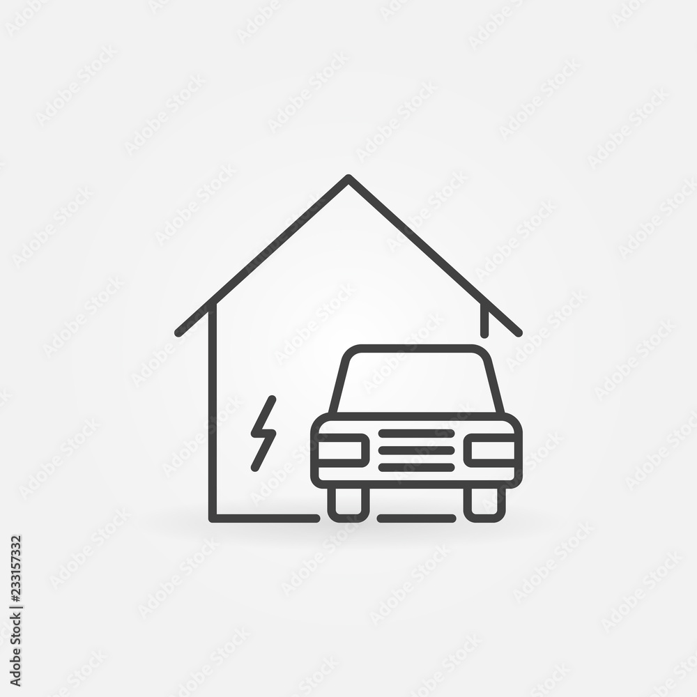 Electric car near house vector concept icon in thin line style Electric car near house vector concept icon in thin line style