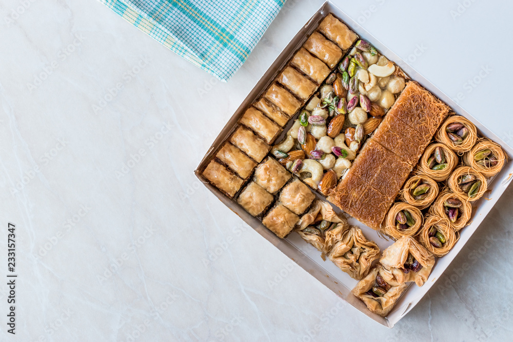 Variety of Turkish Baklava in Box / Package. Assortment of Traditional Dessert. Variety of Turkish Baklava in Box / Package. Assortment of Traditional Dessert.