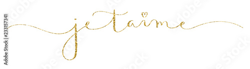 JE T’AIME (I LOVE YOU in French) gold glitter brush calligraphy banner