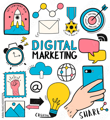 Hand drawn set of digital marketing symbols illustration