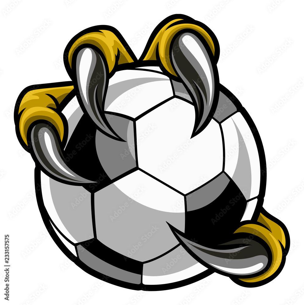 Fototapeta premium Eagle, bird or monster claw or talons holding a soccer football ball. Sports graphic.