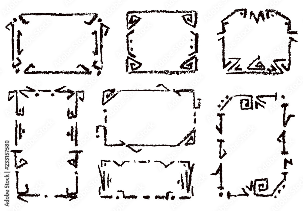 Crayon hand drawing frame black on white. Set of rectangular ornate