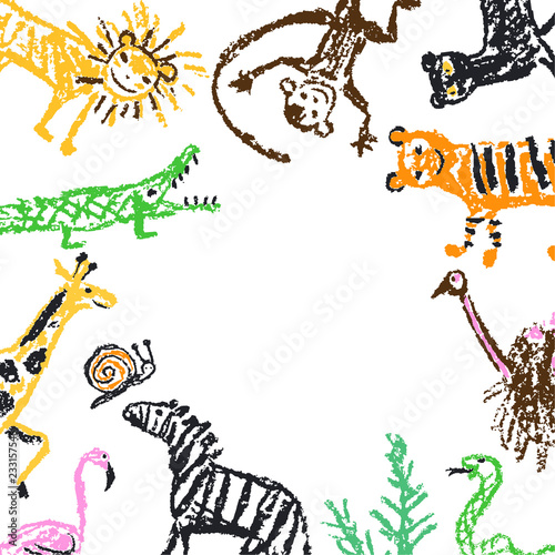 Wild animal flat lay and free copy space frame. Crayon like kids hand drawn giraffe  lion  monkey  zebra  crocodile. Child s drawn stroke colorful pastel chalk or pencil vector art. Doodle funny style