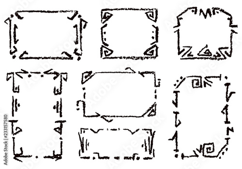 Crayon hand drawing frame black on white. Set of rectangular ornate design element. Chalk or pencil like kid s drawn style. Vector art stroke line banner  border  template  copy space  background.