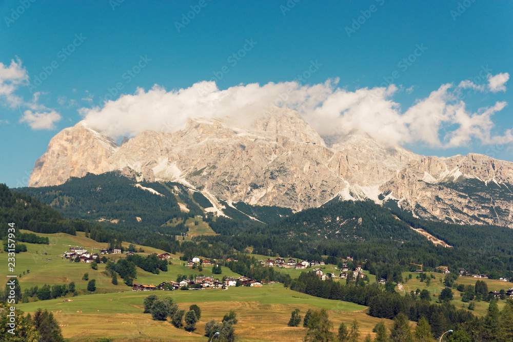 panoramic view of the dolomite mountains. Mountain village Cortina di Ampezzo. panoramic view of the dolomite mountains. Mountain village Cortina di Ampezzo.