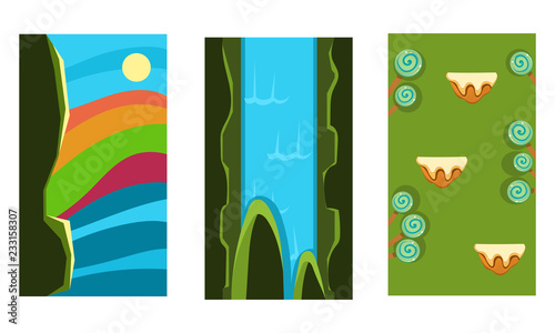 Seamless summer landscapes for game background, user interface assets for mobile apps or video games vector Illustration on a white background