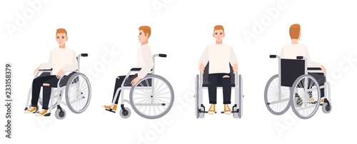 Cute happy young man in wheelchair isolated on white background. Smiling male character with physical disability or impairment. Front, side, back views. Vector illustration in flat cartoon style.