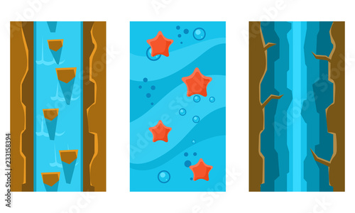 River and underwater seamless landscapes set, user interface assets for mobile apps or video games vector Illustration on a white background