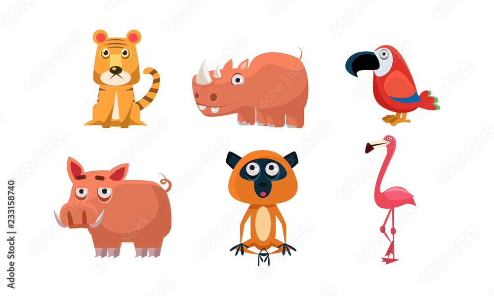 Naklejka premium Cute wild African animals set, tiger, rhino, parrot, boar, flamingo, lemur vector Illustration on a white background