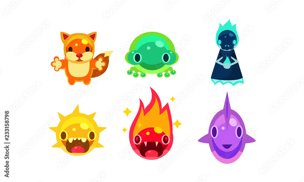 Cute funny jelly animals and monsters set, user interface assets for mobile apps or video games vector Illustration on a white background Cute funny jelly animals and monsters set, user interface assets for mobile apps or video games vector Illustration on a white background