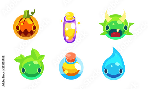 Collection of kids game user interface fantasy colorful jelly elements vector Illustration on a white background