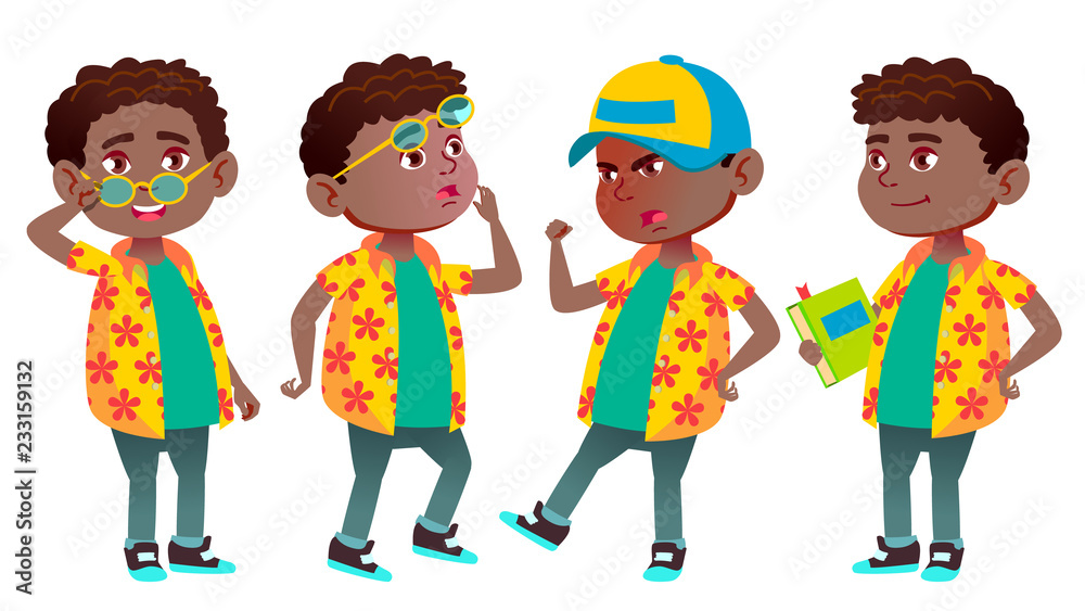 Boy Schoolboy Kid Poses Set Vector. Black. Afro American. Primary ...